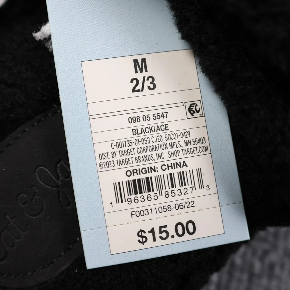 Cat & Jack Slippers Kids Size 2/3 Black Fuzzy Slide‎ Hook & Loop Indoor Shoes
